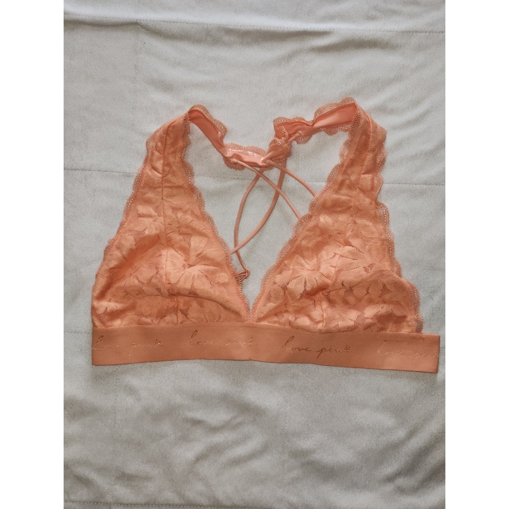 Victoria's Secret PINK Lace Strappy Back Lined Bralette coral cream color. Large
